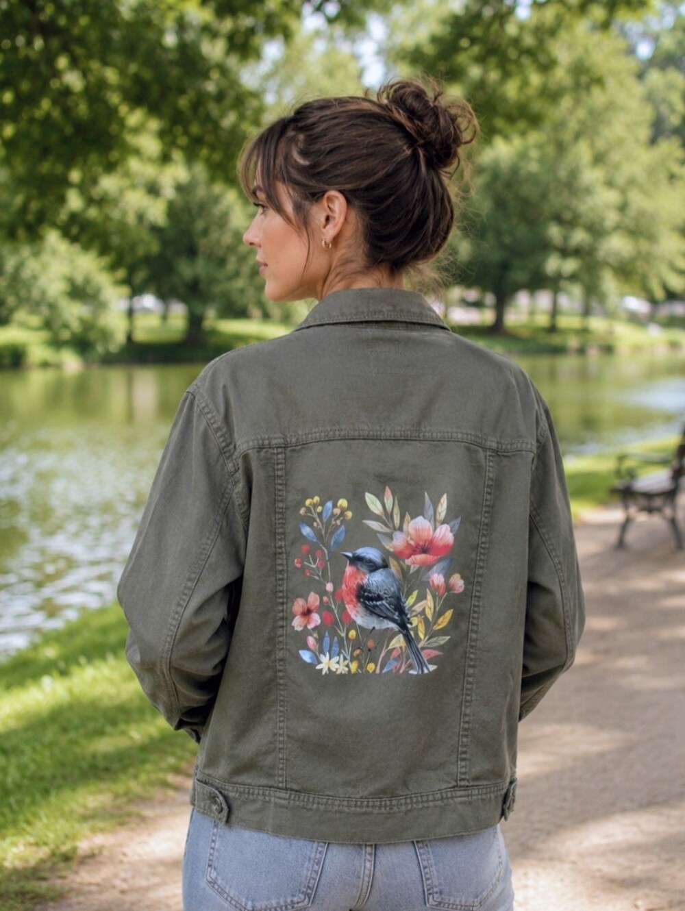 Upcycled Jean Jacket | Old Navy | Women's L | Bird & Wildflower Nature Art